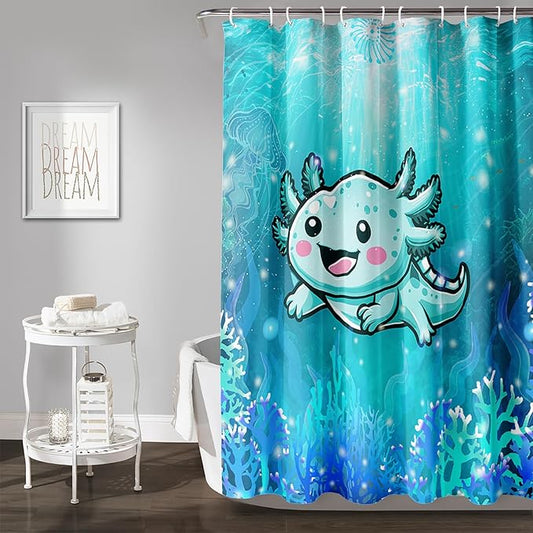 AILONEN Cute Axolotl Kids Shower Curtain for Bathroom,Blue Ocean Jellyfish Coral Print Bath Curtain 72" W*78" H,Girls Boys Kawaii Salamander Decorative Waterproof with 12 Plastic Hooks