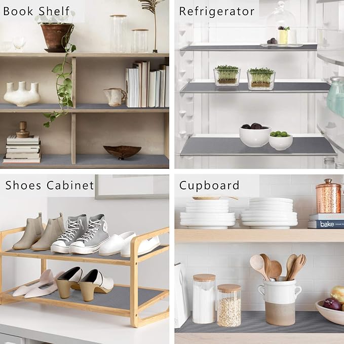 HooTown Shelf Liners Kitchen Cabinet Drawer Mats 11.8 Inch Wide x 59 inches Long, Non Adhesive EVA Plastic Washable Waterproof Pads for Refrigerator, Freezer, Fridge, Pantry Closet, Cupboard, Gray