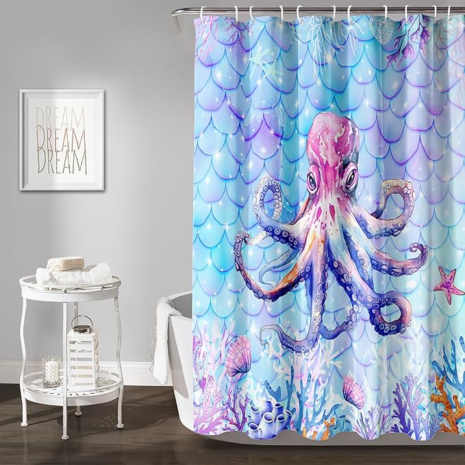 AILONEN Cartoon Octopus Shower Curtain 72"W*78"H For Bathroom, Ocean Coral Shell Fish Scale Print Bathroom Curtain for Kids Girls Women Bath Curtain Polyester Waterproof Shower Curtain With 12 Hooks