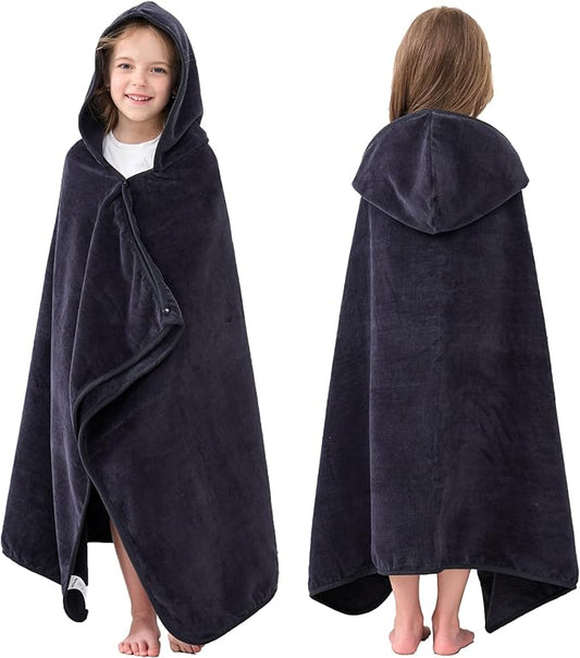 Hiturbo Kids Hooded Bath Towel: 100% Cotton Soft Thick Absorbent Towels Wrap - 50"x30" Shower Beach Pool Wearable Blanket for 3-12 Yrs Boys Girls - Black