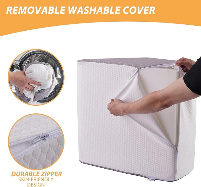 Leg Elevation Pillows, Leg Pillows for Sleeping, Cooling Gel Memory Foam Top, Wedge Pillow for Legs, Leg Wedges for Circulation, Swelling, After Surgery - Removable Cover (8 Inch, White/Grey)