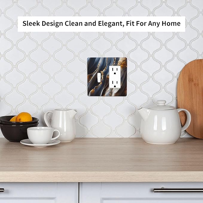 Gradient Abstract Ripple Blue Gold Marble Printed 2 Gang Single Toggle Rocker Combination Light Switch Covers Wall Plate Cover Electrical Faceplate Decorative Switchplate for Kitchen Bathroom Decor