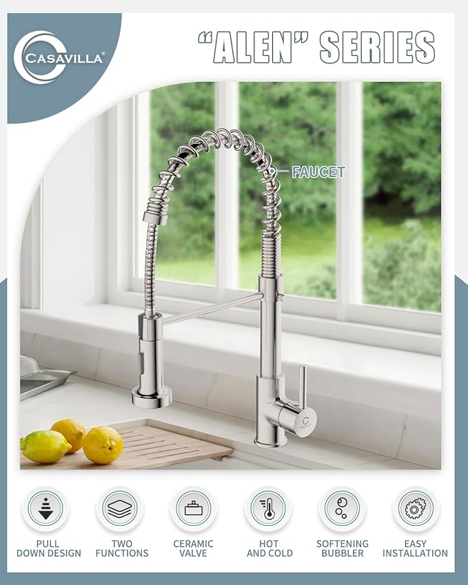 Kitchen Faucet, Commercial Kitchen Sink Faucets with Pull Down Sprayer, Stainless Steel Faucets for Kitchen Sinks, Dual Function Spray Head, Single Handle Spring Kitchen Faucets -Brushed Nickel