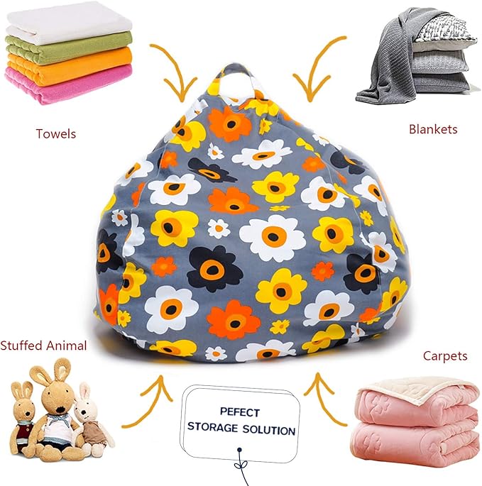 YuppieLife Kids Storage Bean Bag Cover(No Filling)Toy Organizer|Carrying Handle Sofa|Available for Kids and Teenager|Cuddle Chair|Machine Washable and Durable(38“,Grey Flora)