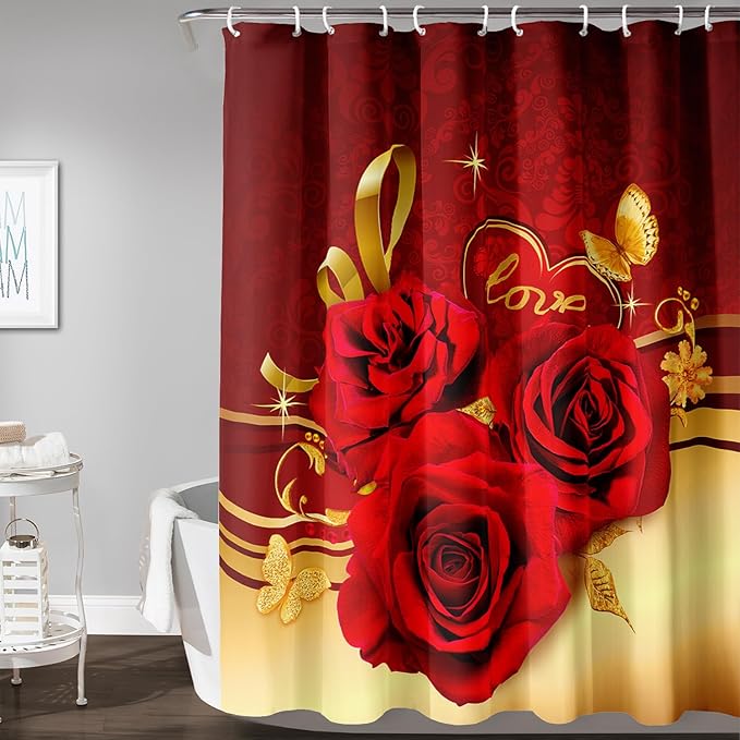 AILONEN Red and Gold Shower Curtain,Red Rose Hearts Printed Bath Curtain,Romantic Luxury Rose Flower Waterproof Curtain for Bathroom Decor 72" W x 96" H