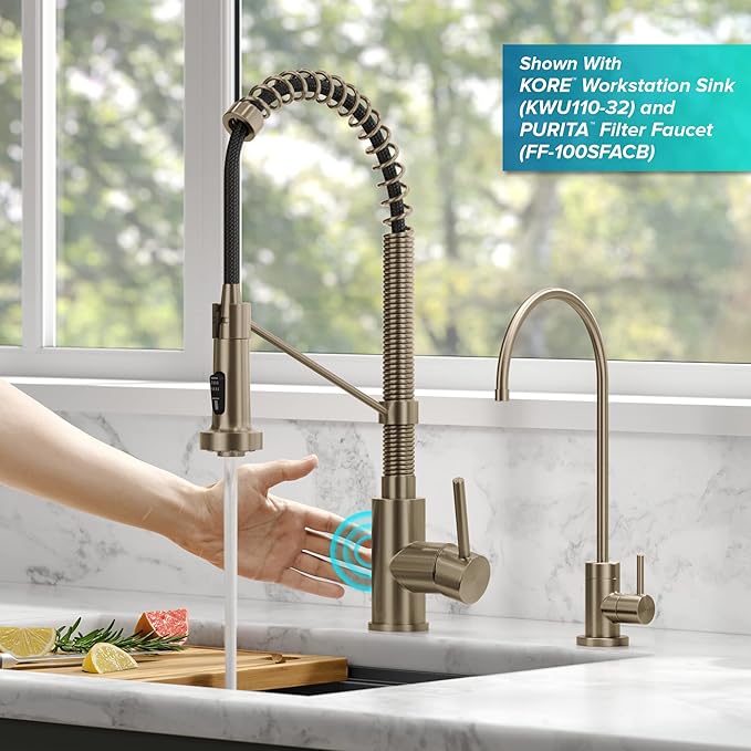 KRAUS Bolden Touchless Sensor Commercial Pull-Down Single Handle 18-Inch Kitchen Faucet in Spot Free Antique Champagne Bronze, KSF-1610SFACB