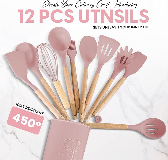 Silicone Utensil Set, 12 PCS Wooden Handle Nontoxic BPA Free 100% Food Grade Silicone Spoon Spatula Ladle Turner Tongs Kitchen Gadgets Utensil Set for Nonstick Cookware (Pink)