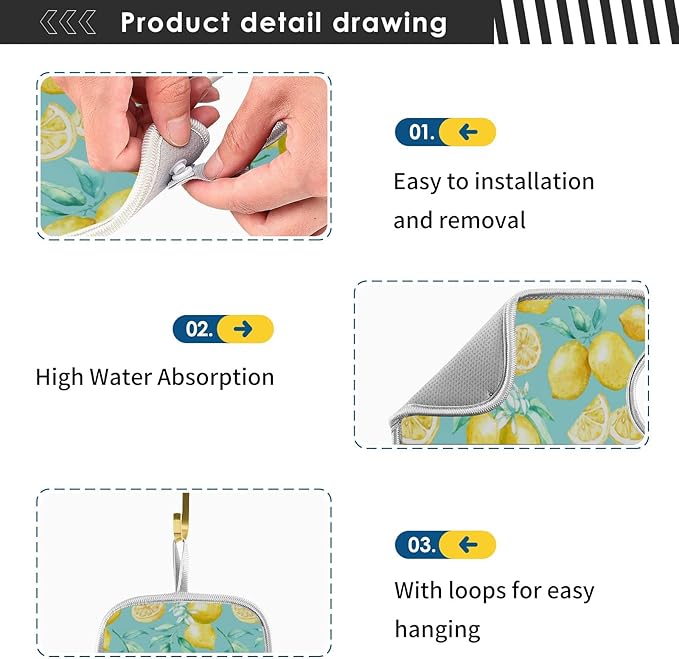 Lemon Turquoise Faucet Water Catcher Mat 2 Pack Flowers Leaves Summer Drying Mat Absorbent Bathroom Faucet Handle Drip Catcher Tray Bar RV Kitchen Sink Splash Guard 14x5 Inches