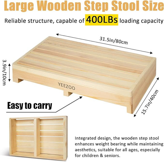 Wooden one Step Stool- Solid Pine Wood Step Riser with Non-Slip Pads, Wood Step Stool for Elderly Adults, high Bed, Bathroom, Kitchen (31.5" L*15.7" W*3.9" H, Natural, 400LBs Capacity)