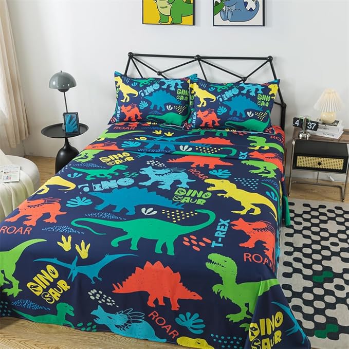 qjmiaofang Dinosaur Sheets Full Size Bed Set for Boys Dinosaur Sheet Set 4Pieces Dinosaur Bed Sheets Ancient T-Rex Dinosaur Fitted Sheet Jungle Sheets Set 1 Fitted Sheet 1 Flat Sheet 2 Pillowcases
