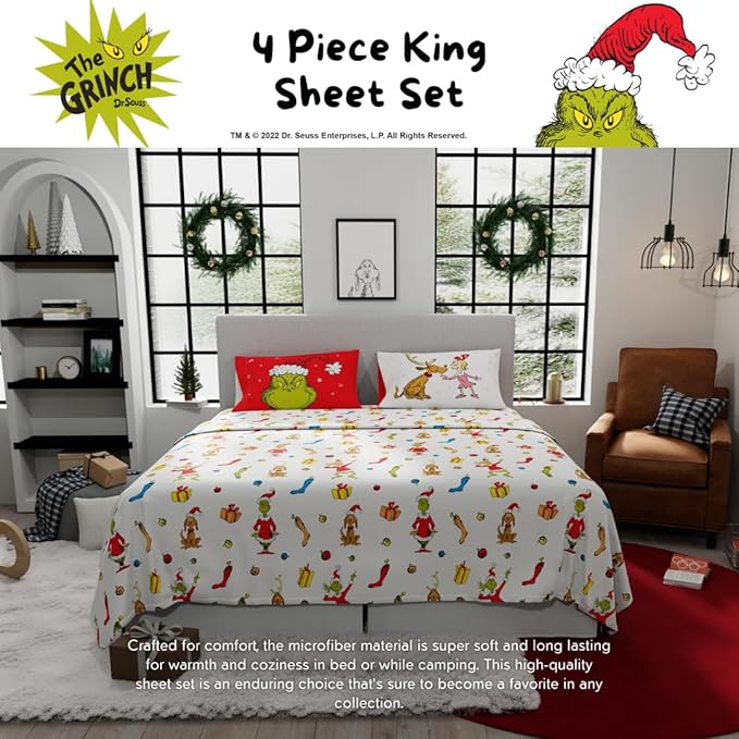 Franco Collectibles Dr. Seuss The Grinch Holiday & Christmas Bedding Super Soft Microfiber 4 Piece King Sheet Set, (Officially Licensed Product)