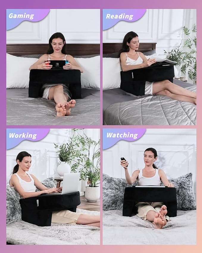 Weighted Idea Reading Pillow for Gaming, Meduim Gaming Pillow for Adult,Table Pillow with 2 Side Pockets for Gaming, Reading, Working Sitting in Bed Floor Sofa (Black)