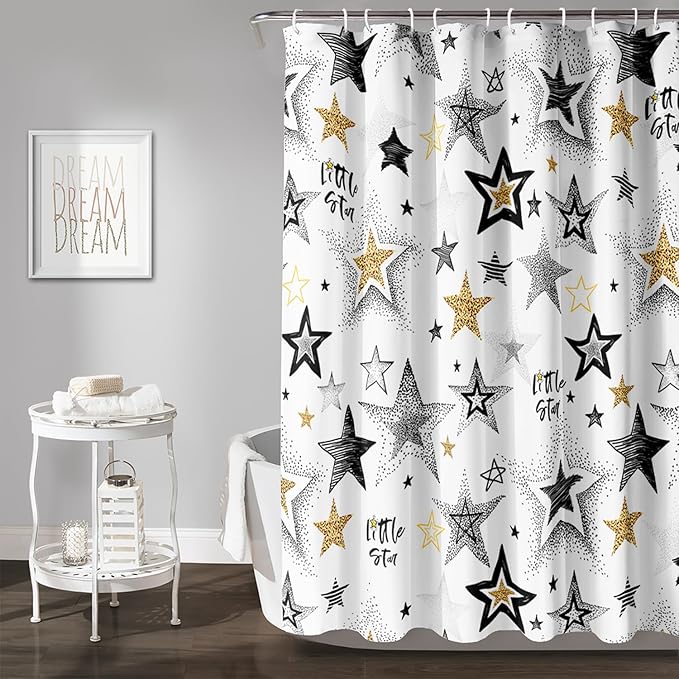 AILONEN Star Shower Curtain, Grey and Gold Tie Dye Star Bathroom Curtain,Minimalist Shower Curtain 36" W*72" H Polyester Waterproof Bathroom Curtain with 12 Hooks
