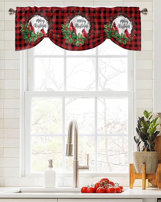 Merry Christmas Blackout Tie Up Valance Curtains for Kitchen Windows Winter Cardinal Holly Berries Window Toppers Balloon Shades for Living Room/Bathroom/Bedroom,1 Panel,60" X 18" Red Black Plaid
