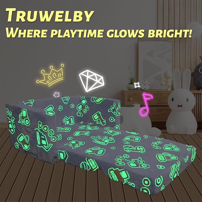 Kids Sofa, Glow in The Dark Toddler Chairs Children's Extra Wide Convertible Sofa to Lounger - Extra Soft 2 Seats 2 in 1 Flip Open Chair & Sleeper, Toddler Couch, Kids Sofa Bed