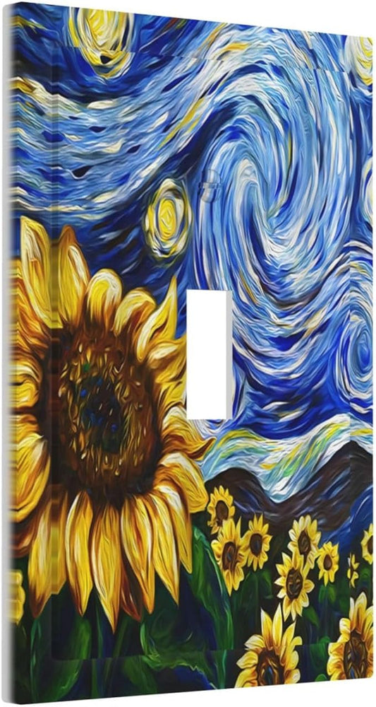 Vintage Abstract Blue Starry Sunflower 1 Gang Light Switch Covers Single Toggle Wall Plate Decorative Switchcover Electrical Switchplate for Farmhouse Country Bedroom Livingroom Decor