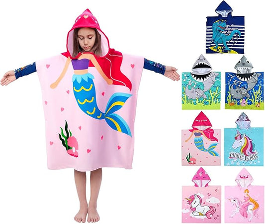 Hooded Kids Beach Towels - Toddler Bath Towel Girls Boys Swim Cover-ups for Ages 4 to 10 Kids Pool Towels Quick Dry Lightweight Soft Microfiber Poncho 30x30(Pink Mermaid)