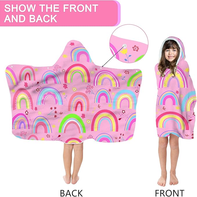 Rainbow Hooded Beach Towel for Kids Girls, Cute Unicorn Bath Towel with Hood, Pink Magic Rainbow Microfiber Super Absorbent Soft Poncho Bathrobe for Swin Pool 30”x50”