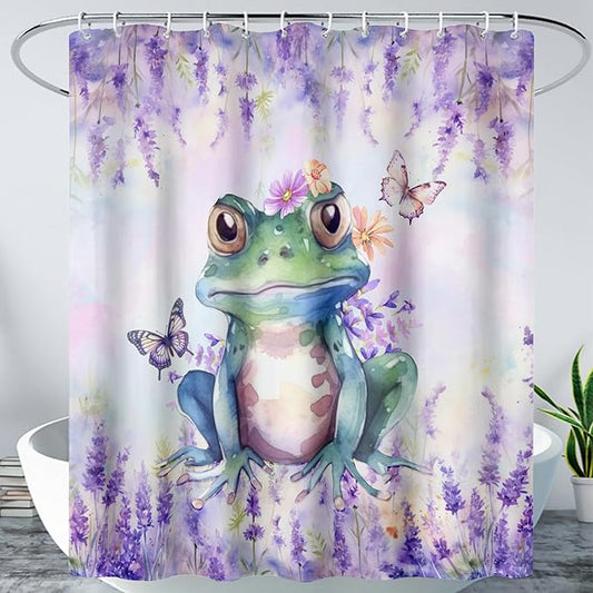 AILONEN Frog Shower Curtain, Tie Dye Lavender Flower Bath Curtain,Tie Dye Frog Bathroom Curtain Decor,Cute Frog Polyester Waterproof 36" W*72" H Shower Curtain, Hooks