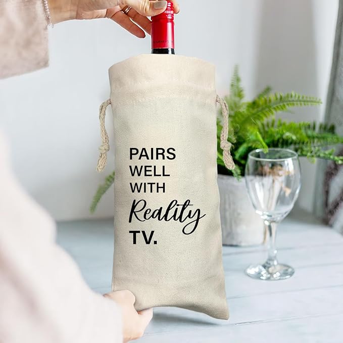 ZHANTUONE,Pairs Well With Really TV,Funny Birthday Gift Ideas Wine Bag,Drawstring Polyester Cotton Cloth Wine Bag,For Friend Boss Teacher Wine Lovers Reusable Wine Wrap Bag,13IN