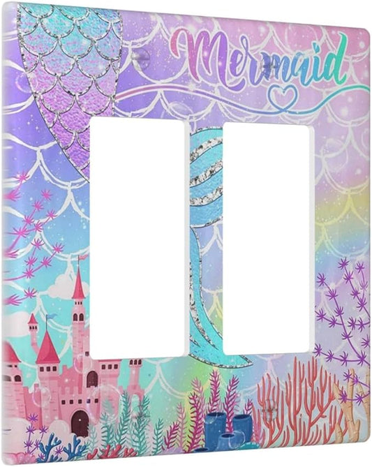 Silvery Glitter Cute Mermaid Tail Fantasy Castle 2 Gang Rocker Decora Light Switch Covers Dual Outlet Covers Wall Plate Decorative Switchplate Electrical Faceplate GFCI for Kidroom Nursery Bedroom