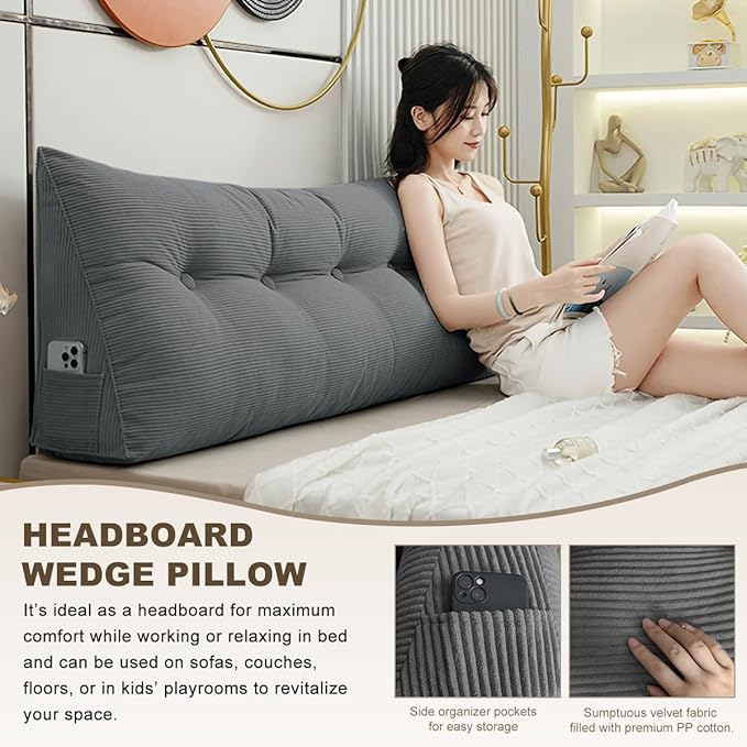 Headboard Pillow - Queen-Sized Headboard Wedge Pillow for Daybeds and Bunk Beds - Durable, Comfortable, with Removable Velvet Cover (Dark gray, 76x20x8Inches)