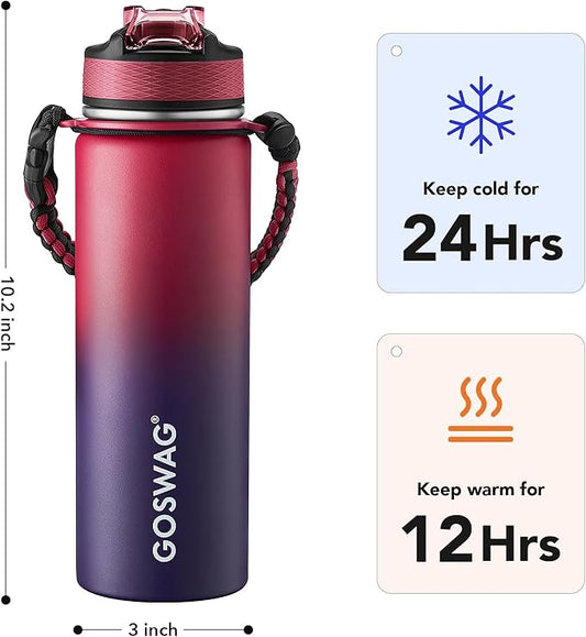 GOSWAG Insulated Sports Water Bottle, 24oz 2 Lids(with Straw/No Straw), Stainless Steel Water Bottles with Paracord Handle, Insulated Thermos with Double-Wall Vacuum Insulation