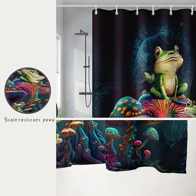 AILONEN Frog Mushroom Shower Curtain Cartoon Animal Wildlife Frog Mystic Black Sky Red Mushroom Minimalist Modern Art Shower Curtain Bathroom Decor Curtains with 12 Hooks,Green 72" W*84" H