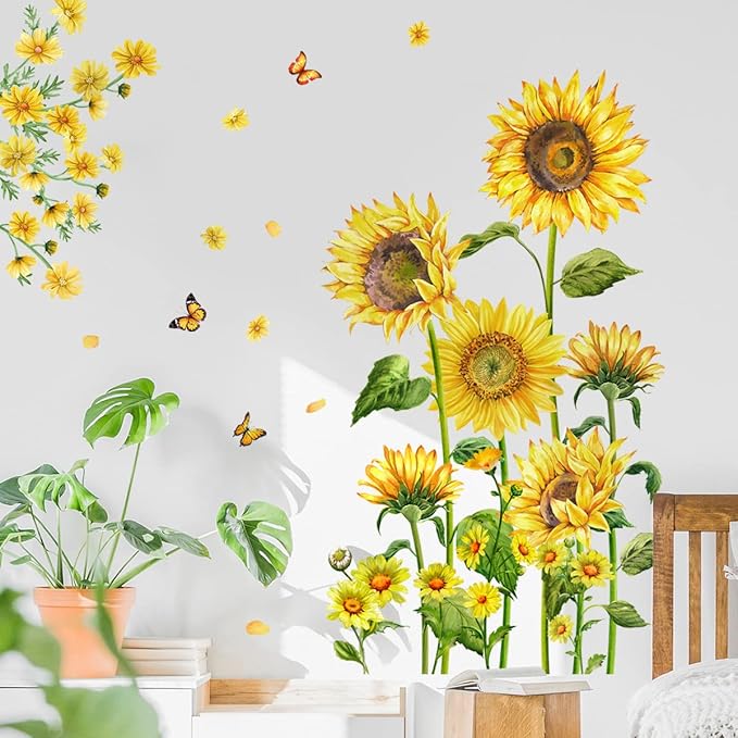 Runtoo Sunflower Wall Stickers Garden Floral Wall Decals Living Room Bedroom Kitchen Nursery Wall Decor