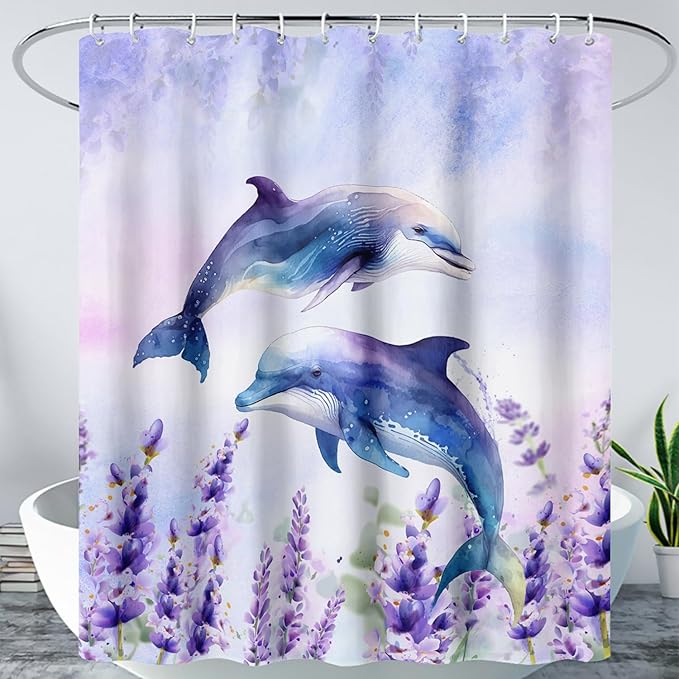 AILONEN Watercolor Dolphin Shower Curtain, Cute Dolphin Lavender Flower Bath Curtain,Modern Minimalist Purple Waterproof Fabric Shower Curtain Set with Hooks 72" W*78" H