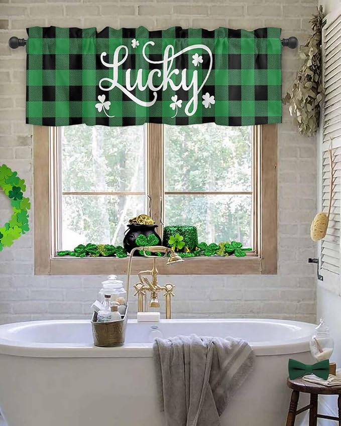 St. Patrick's Day Buffalo Plaid Kitchen Curtains Valances for Windows Lucky Shamrocks Clover Rod Pocket Window Treatment for Kitchen /Living Room/Bedroom/ Bathroom, 54" X 18", Rustic Green Black