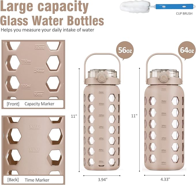 MUKOKO Half Gallon/64 oz Glass Water Bottles with Straw and Lid,Motivational Water Jug with Time Marker Reminder and Silicone Sleeve,100% Leakproof BPA Free Fitness Sports Large Bottle-Amber