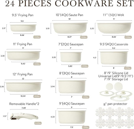 CAROTE 24pcs Detachable Handle Pots and Pan Set, Nonstick Induction Cookware, Removable Handle, RV Oven Safe Cookware, Kitchen Cookware Set Non Stick, Cream White