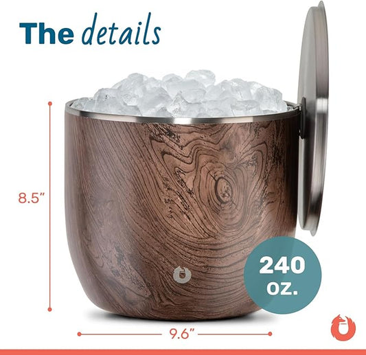SNOWFOX XL Premium Vacuum Insulated Double Wall Stainless Steel Ice Bucket with Lid/Scoop, Bar Accessories, Large Elegant Party Bucket, Chill Several Bottles, Beautiful Entertaining, 7L, Dark Walnut