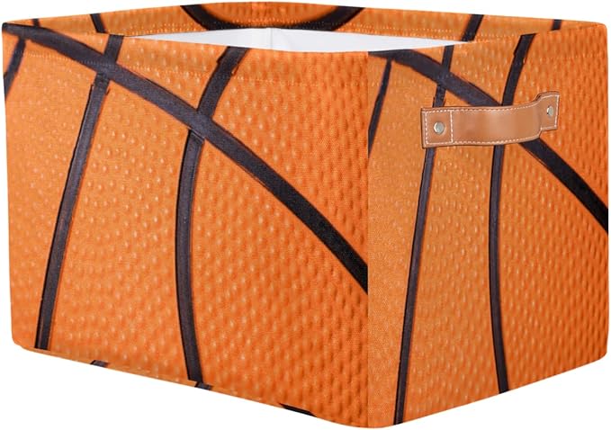 Basketball Print Storage Basket Collapsible Rectangular Storage Bin Large Fabric Storage Boxes Organizer 1Pc with Leather Handles for Clothes Toys Books Kitchen Laundry