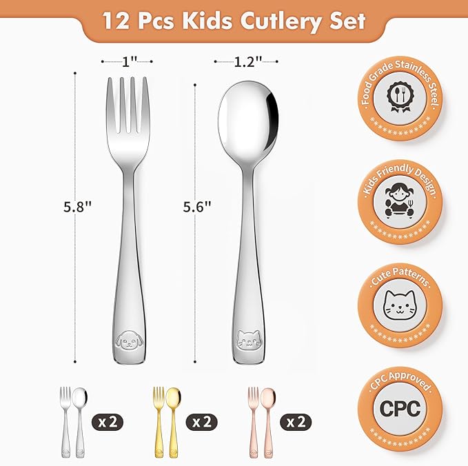 Stainless Steel Toddler Utensils Set - 12 Pieces Kids Silverware Set Children Safe Food Grade Small Forks and Spoons Dishwasher Safe Mirror Polished