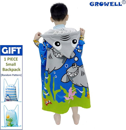 Hooded Kids Beach Towels - Toddler Bath Towel Girls Boys Swim Cover-ups for Ages 4 to 10 Kids Pool Towels Quick Dry Lightweight Soft Microfiber Poncho 30x30 with Bag (Navy Sharks)