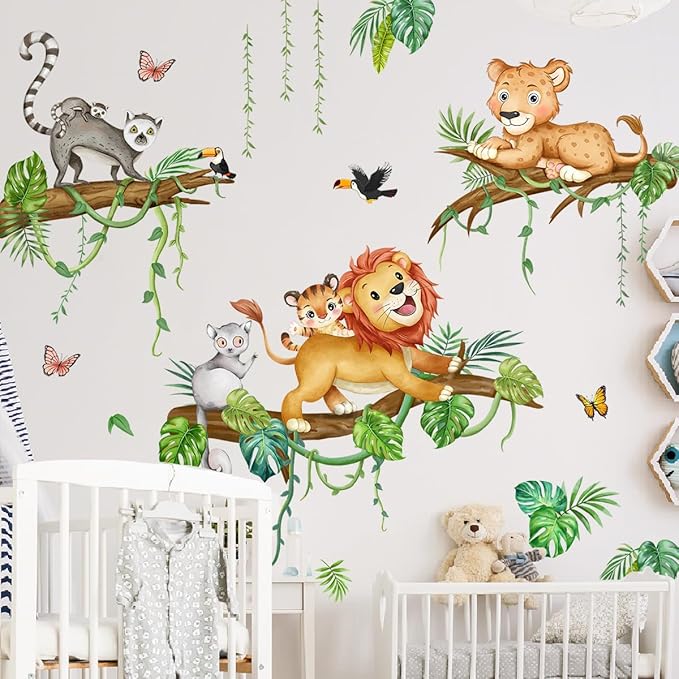 Cartoon Animal Wall Stickers - Fun Lion and Tropical Plant Design, 2 Sets of 3 Stickers Each