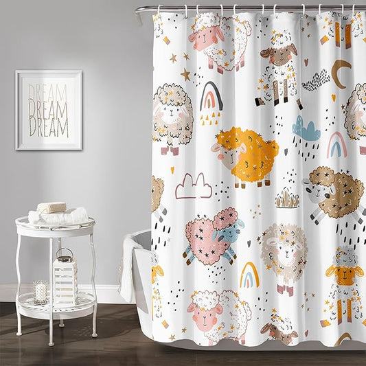 AILONEN Cute Sheep Kids Shower Curtain for Bathroom,Sheep Moon Clouds Kids Creative Rainbow Waterproof Bath Curtain,Modern Minimalist White Curtain with 12 Plastic Hooks(36" W*72" H)