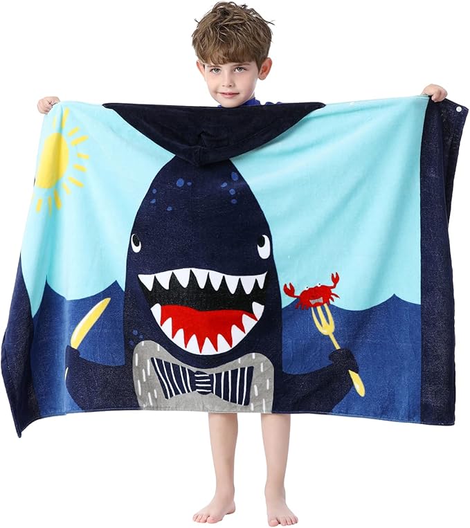 Kids Bath and Beach Soft Cotton Terry Hooded Towel Wrap, 30" x 50", Happy Shark