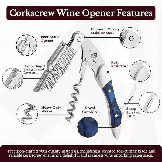 Premium AM DELUXE Waiters Corkscrew Wine Opener - Wine Key For Servers Bartenders, Heavy Duty Stainless Steel & Resin Inlay, Serrated Foil Cutter, Cork Screw Wine Bottle Opener. Magnetic Gift Box