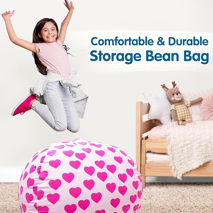 Lukeight Stuffed Animal Storage Bean Bag Chair Cover for Kids, Zipper Beanbag Chair Cover for Organizing Toddler and Kids' Rooms Plush Toys (Heart Velvet, X-Large)