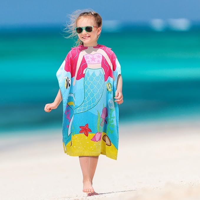 Tirrinia Mermaid Kids Poncho Towel, Surf Beach Bath Swim Hooded Towels for 2-7 Years Girls Toddler Gift, 24 by 52-inch, 100% Cotton