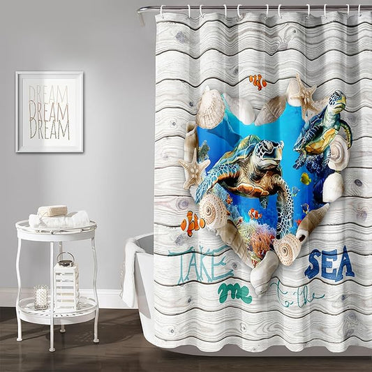 AILONEN 3D Printed Sea Turtle Shower Curtain, Ocean Coast Wooden Style Bathroom Curtain,Shell Turtle Bath Curtain,72" W*78" H Polyester Waterproof Bathroom Curtain with 12 Hooks