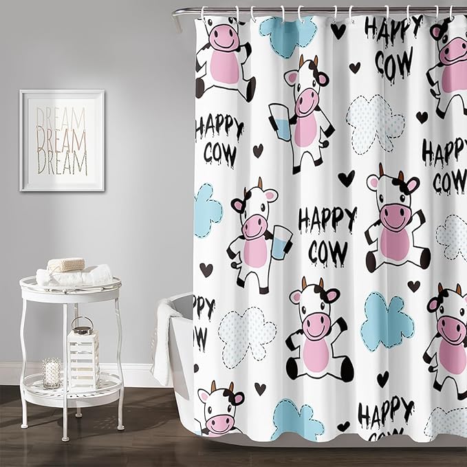 AILONEN Cute Cow Shower Curtain for Bathroom, Kids Children Cow Print Bathroom Curtain,Happy Cow Bath Curtain 48" W*72" H Polyester Waterproof Bathroom Curtain with 12 Hooks