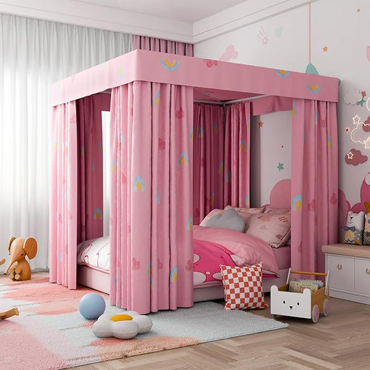 Hvqic Pink Canopy Bed Curtains - 4 Corner Post Bed Curtains Lightproof Princess Bed Canopy for Girls Rainbow Canopy Bed Curtains for Kids Room Decor(Queen,Pink-Cloud)