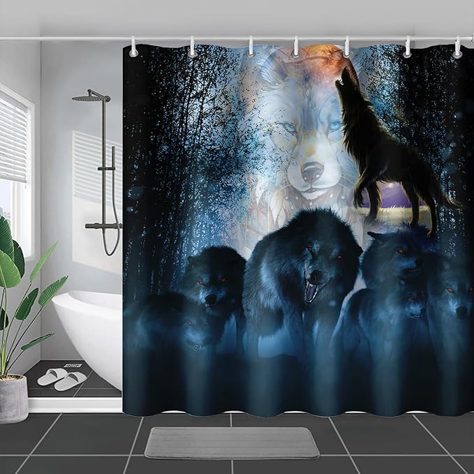 AILONEN Boys Wolf Shower Curtain for Bathroom Decor,3D Howling Wolf Ferocious Wolf Wildlife Decor Bath Curtain 60" W*72" H Polyester Fabric Waterproof Bathroom Curtain with 12 Hooks