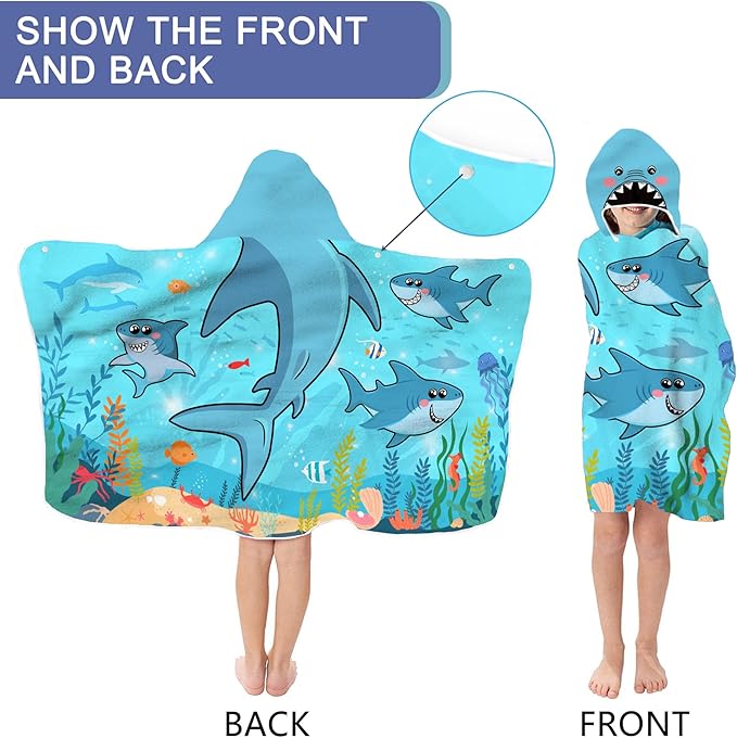 Shark Hooded Beach Towel for Kids, Cool Ocean Fishes Bath Towel with Hood for Boys, Funny Sea Animals Microfiber Super Absorbent Soft Poncho Bathrobe for Swin Pool 30”x50”