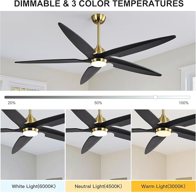 54 Inch Modern Ceiling Fan with Lights and Remote, 5 Wood Blades, 6-Speed Noiseless Reversible DC Motor with Replaceable Downrods for Bedroom Living Room Dining Room, Gold and Black.