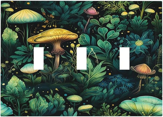 Green Dark Forest Mystical Mushroom 3 Gang Light Switch Covers Triple Toggle Wall Plate Decorative Switchplate Electrical Faceplate for Country Bathroom Bedroom Kitchen Decor